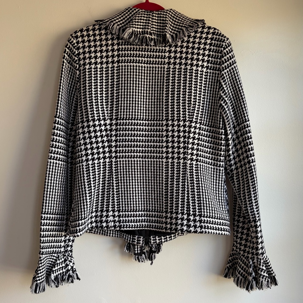 Bloomingdales Houndstooth Tweed Fringe Collar Zip Jacket Size 12 - Picture 6 of 6